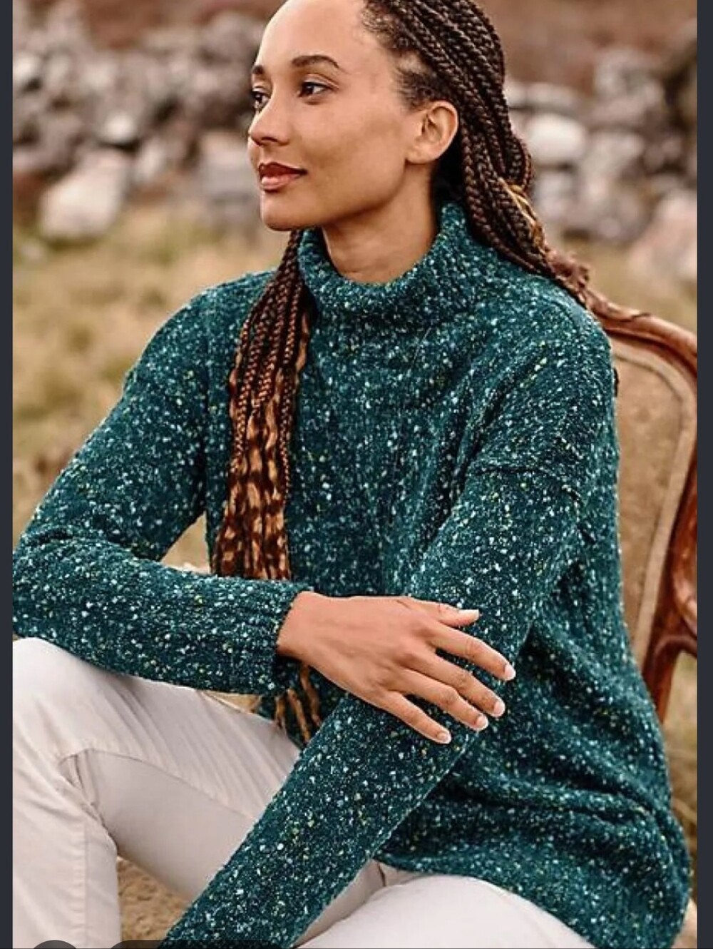 J. Jill Cabincore Cozy Fisherman Fall Sweater Green Blue Pullover Turtleneck Lg